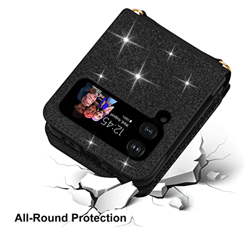 Ksridote Samsung Galaxy Z Flip 3 Case With Card Holder Strap Lanyard, Bling Samsung Z Flip 3 Case Wallet Glitter Galaxy Z Flip 3 Wallet Case Crossbody Phone Case Cover Purse For Women, Black #TOP2