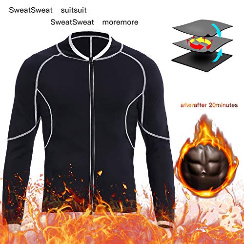 Men Sweat Sauna Suit Workout Shirt Weight Loss Body Shaper Fitness Slimming Jacket Gym Top Clothes Shapewear Long Sleeve Black