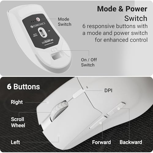 Image of Zebronics Rechargeable Wireless Mouse, Dual Mode 2.4GHz + BT, Upto 2400 DPI, 6 Buttons, USB Nano Receiver, Type-C, Silent Operation, Ergonomic Design (Blanc 100, White)