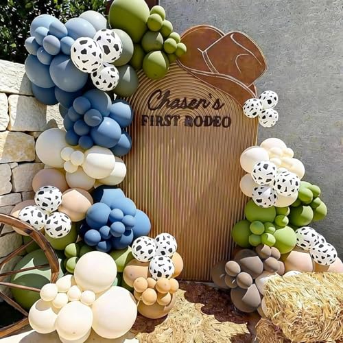Image of Cow Print Balloons, 12 Inch Farm Animal Retro Dusty Blue Green Beige Black Sand White Nude Cow Latex Balloons for kid Cowboy My First Cowgirl Rodeo Baby Shower Farm Western Birthday Party Decorations