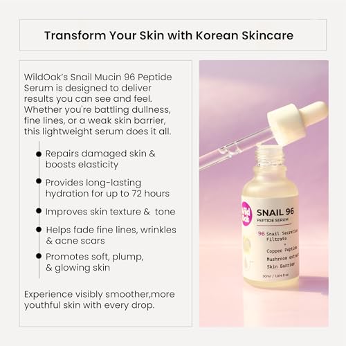 Image of WildOak Advanced Korean Snail Mucin 96 Peptide Face Serum | Powerful Skin Barrier, Anti-Aging & Wrinkles | 72 Hours Skin Hydration | Korean Skincare | Tremella Mushroom for Dewy Soft & Plump Skin | 30ml