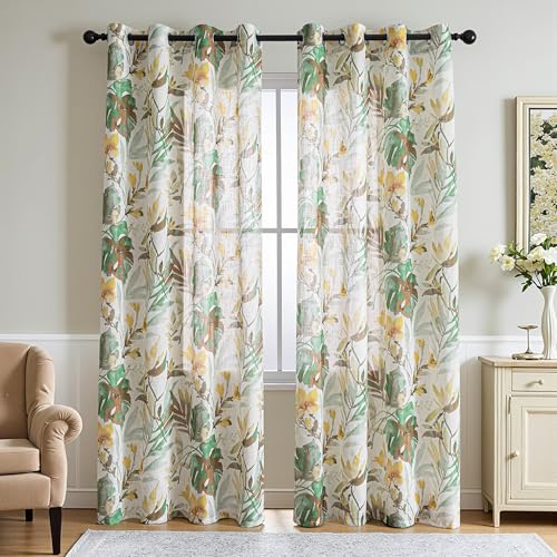 Image of MYSKY HOME Floral Curtains 84 Inches Long 2 Panels Yellow Linen Curtains for Living Room, Light Filtering Drapes for Dining Room, Green Leaf Print Grommet Window Treatment 2 Panels, 52 inch Wide