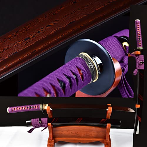 HERO SWORD Handmade Wakizashi Combat Ready Red Damascus Folded Steel Japanese Samurai Sword Sharp Knife Purple Tsuka ito/Sageo