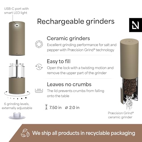 Image of LARS NYSOM Electric Salt and Pepper Grinder Set I Automatic Salt and Pepper Mills with Adjustable Ceramic Grinder I USB Rechargeable Electric Spice Mill Set with LED Light (Taupe Brown)