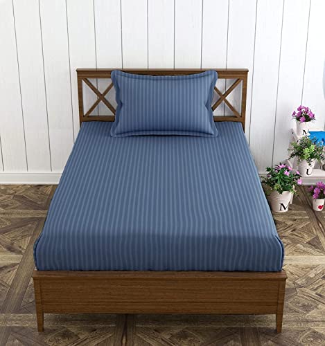 Image of Trance Home Linen 100% Cotton 72x30 inch Single Fitted 200TC Satin Stripe Elastic Fitted Bedsheet | Single Bed Size Daily use Fitted Bedspread with 1 Pillow Covers 6x2.5 feet,Mediterranean Blue