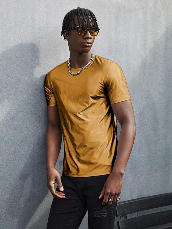 WDIRARA Men's Round Neck Short Sleeve Metallic Tee Top Party T Shirts3