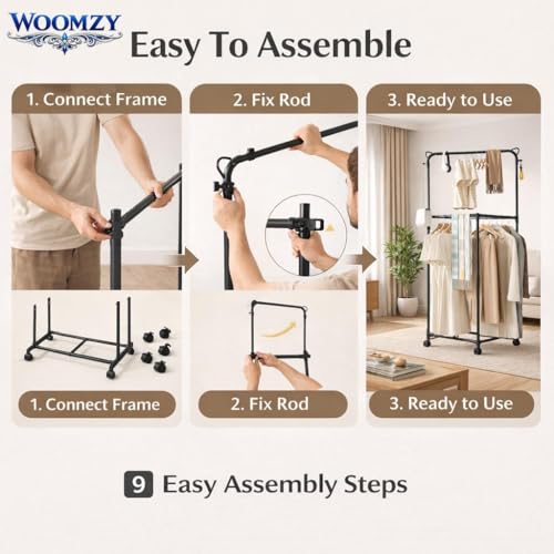 Image of WOOMZY Heavy-Duty Metal Hanger Stand for Clothes Hanging, Garment Stand Rack Clothe Storage Freestanding Cloth Hanging Stand for Bedroom, Entryway, Support for Side Back (Black-Round)
