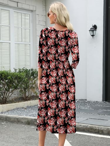 Image of Heymoments Women's Casual 3 /4 Sleeve Midi Dress Crewneck A Line Tiered Flowy Loose Travel Long Dresses with Pockets