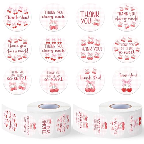 Image of Thank You Sticker Roll - 1000 Pcs Coquette Pink Bow Cherry Waterproof Vinyl Reusable Laptop Sticker DIY Book Scrapbook Water Bottle Page Activity Pad Party Favors Skateboard Gift Wrapping