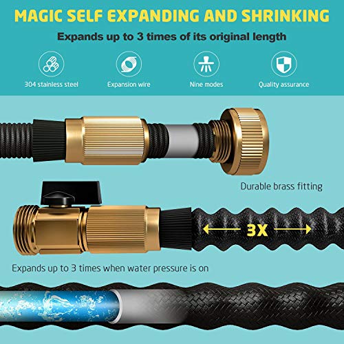 Hermard Expandable Garden Hose 50ft, Super Durable Fabric Water Hose - 3/4 Nozzle Solid Brass Connector, Non Kink Leakproof Garden Hose/Flexible Expanding Hoses for Watering and Washing (Black)