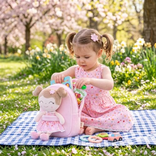 Image of Gloveleya Kids Backpacks Girls Backpack Plush Bags Diaper Bag Backpack with Floral Doll Pink