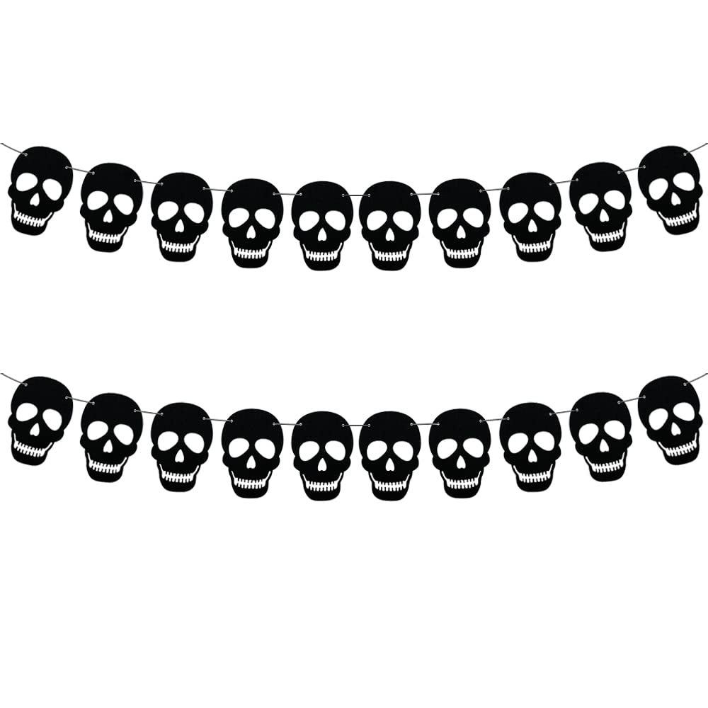 2 Pack Black Felt Skull Garland Banner Skeleton Garland Halloween Banne for Gothic Birthday Party Decorations DIY Home Decor
