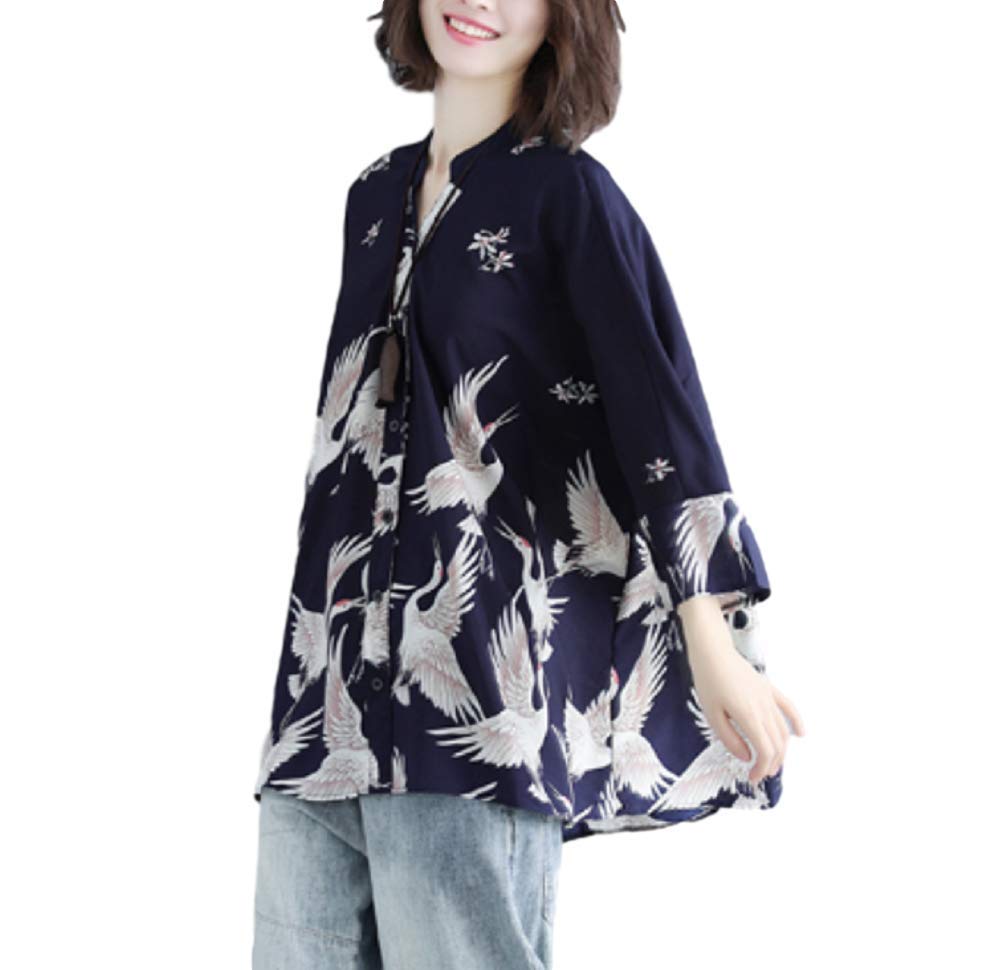 Women Japanese Style Crane Print Long Sleeve Chiffon Shirt Loose Fit Blouse
