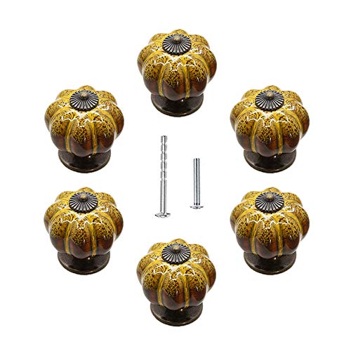 UULU 6個入 陶器 つまみ 引き出し 取っ手 セラミック 取っ手 家具 キャビネットノブ ツマミ キッチン ドア つまみ 戸棚引き 引き出し 可愛い かぼちゃ ノブ グリップ 扉 棚のツマミ DIY 建築金具, 2種類のネジ付き (ビンテージ黄)