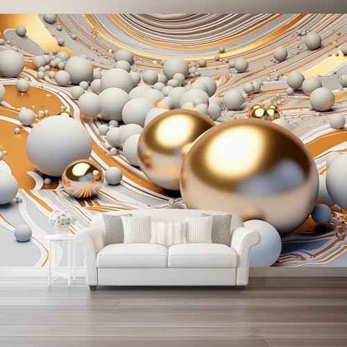 200 x 140 cm Fotomurales No Tejido Pintura Abstracto Geométrico Esfera De Metal, Oro Plata Papel Pintado Decoración de Pared, Murales póster Decorativos Murales para Dormitorio Infantil Salón