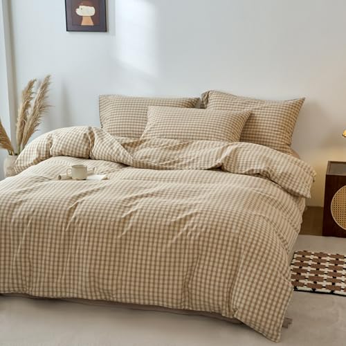 Image of EAVD Vintage Style Brown&Beige Plaid Duvet Cover Full Soft 100% Washed Cotton Chic Checkered Gingham Bedding Set with 2 Pillowcases Farmhouse Brown Gingham Duvet Cover with Zipper Closure