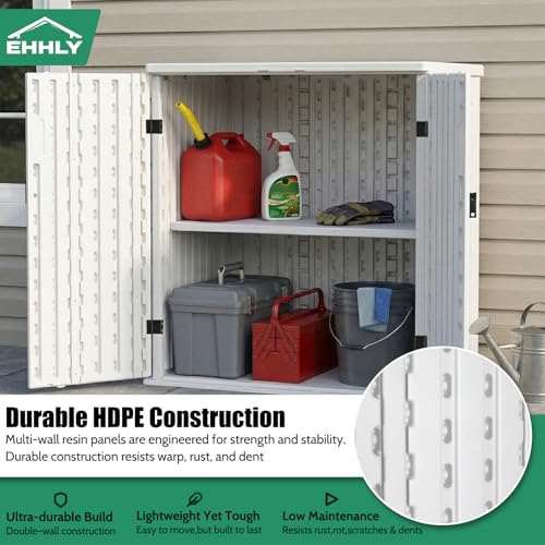 Image of EHHLY Heavy Duty Small Storage Cabinet Outdoor Weatherproof, 14 Cuft Garage Storage Cabinet with 2 Adjustable Shelves, Lockable Kitchen Pantry Closer Organizer, 31Wx23Lx34H, Polar White