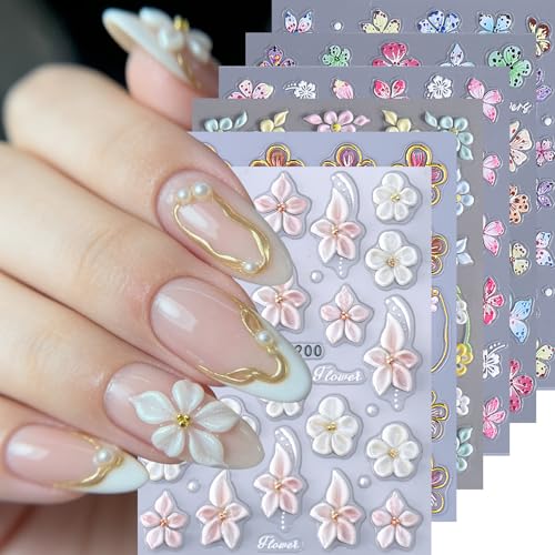 Flower Nail Art Stickers Decals 6PCS 5D Embossed Hibiscus Nail Stickers Self Adhesive White Pink Hawaiian Floral Petals Summer Spring Flower Nail Art Decoration DIY Supplies for Women