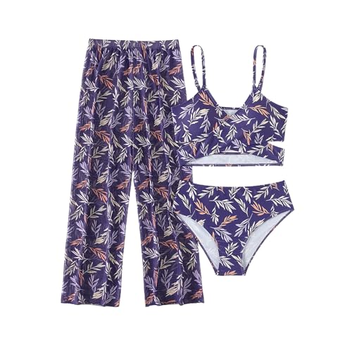 Conjunto de Bikini para Niña 3 Piezas 8-11 Años Traje de Baño Niña Adolescente Natacion Bañador Piscina Trikini Tankini Deportivos Top Bandeau y Bragas y Pantalones Playa (Dark Púrpura, 10 años)