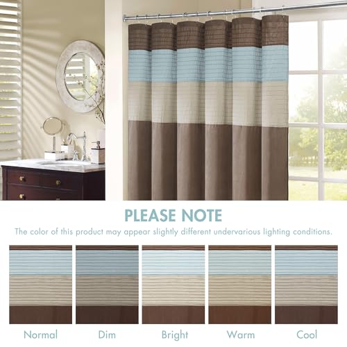 Image of Madison Park Amherst Bathroom Shower Curtain Faux Silk Pieced Striped Modern Microfiber Bath Curtains, 72x84 Inches, Blue