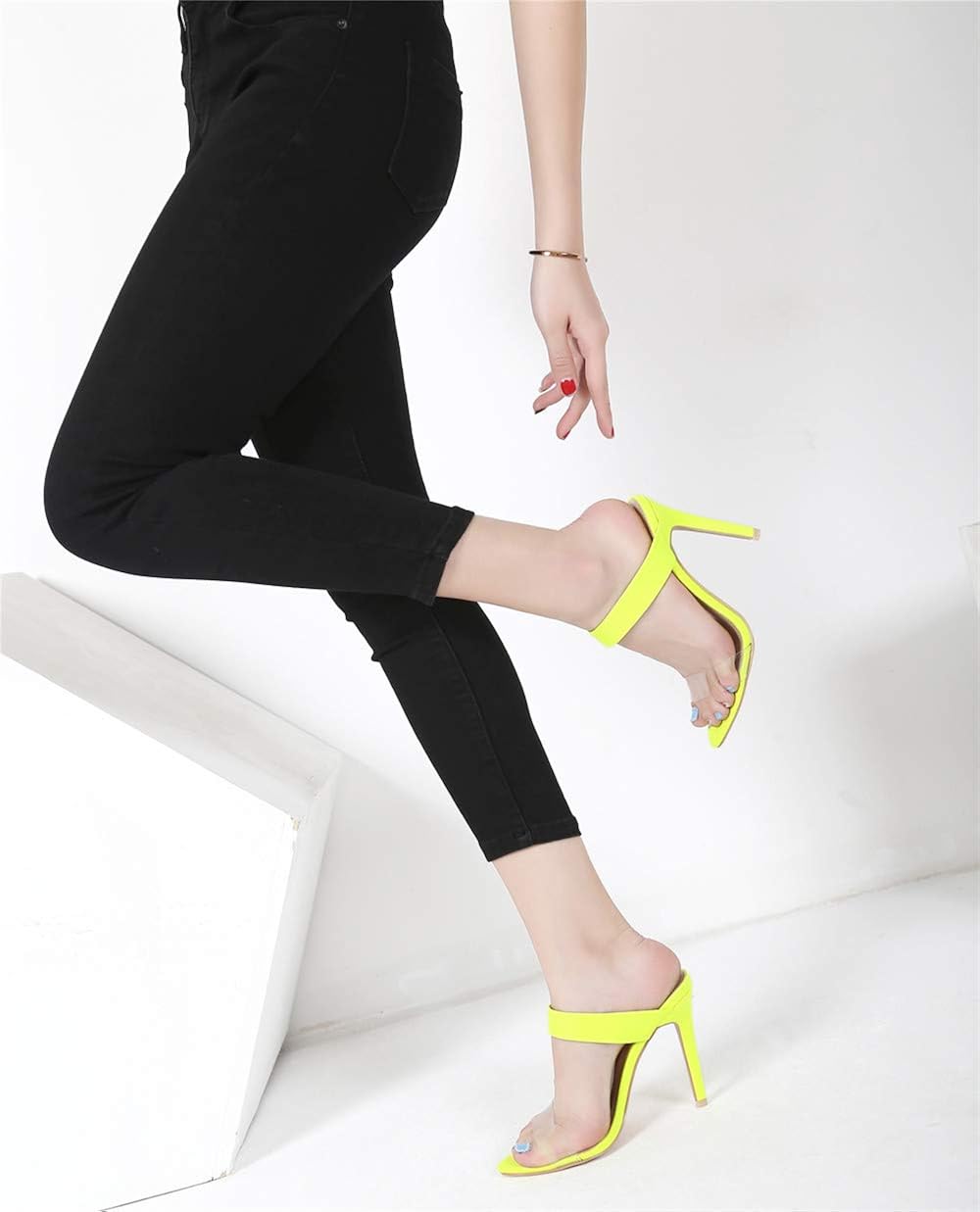 MACKIN J G345-1 Women's Pointed Toe Mule High Heels Slip Clear Strap Stiletto Heel Mules