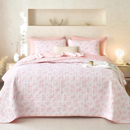 Wake In Cloud - Floral Quilt Set Shabby Chic Coquette Cottagecore Vintage Flower for Women Teen Girls Reversible Lightweight Bedspread Coverlet 3 Pieces Pink Queen/Full Size
