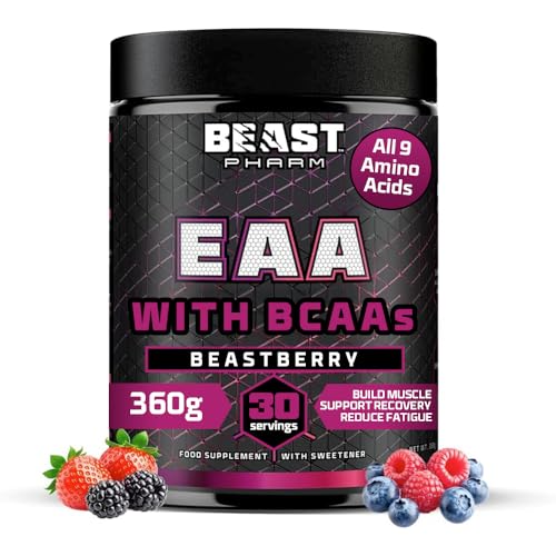 Beast Pharm 9 EAA Amino Acids with BCAA Powder 2:1:1 Ratio - Essential Amino Acids Powder - 360g - EAAs Recovery Drink - 30 Servings - Beastberry
