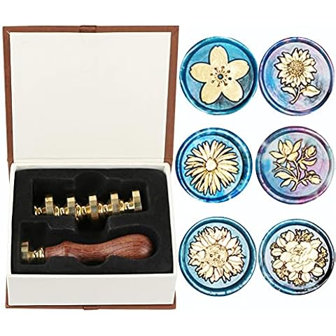 Wax Seal Stamp Set, ANBOSE Cherry Chamomile Sunflower Rose Magnolia Wax Seal Stamp Kit Including 6 Pieces Sealing Wax Stamps Copper Seals + 1 Wooden Hilt (A) Cover