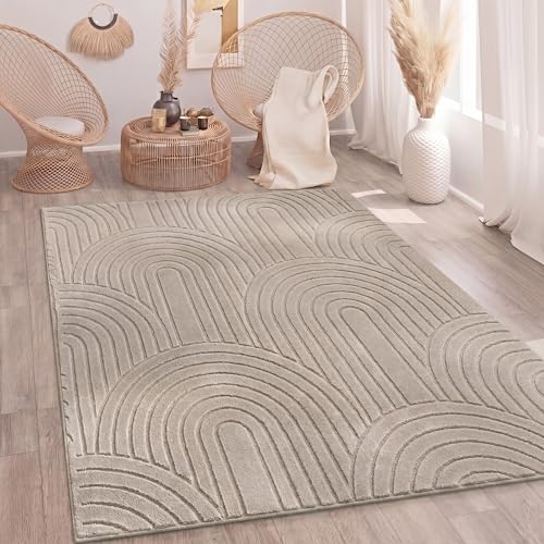 Paco Home Tapis Salon Chambre à Coucher Moelleux Uni Aspect 3D Entretien Facile Design Moderne Lavable Beige, Dimension:80x150 cm