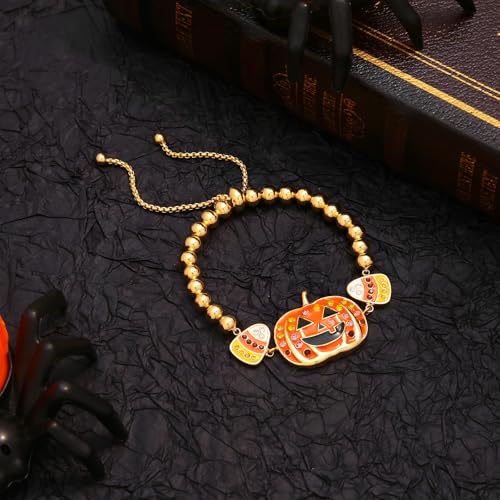 WOWORAMA Halloween Bracelets for Women Cute Halloween Pumpkin Bracelets Adjustable Slider Beaded Bangle Bracelet Crystal Candy Corn Pumpkin Charm Bracelets Happy Halloween Jewelry
