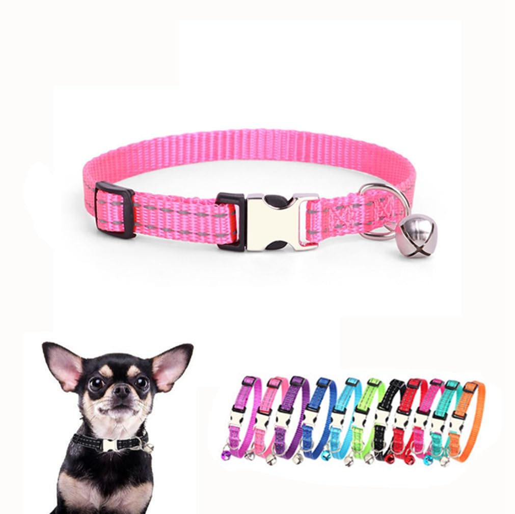 Pink XXS Dog Collar with Bell, Reflective Nylon Cat Collar with Bells,Puppy Collar with Bell for Xs Tiny Little Girl Kitten Small Animal, Neck 7.5-11