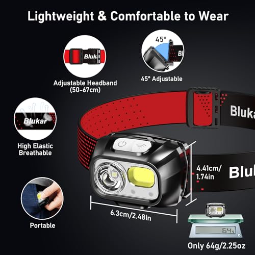 Blukar LED Stirnlampe Wiederaufladbar, 2 Stück Superhell Kopflampe Stufenlos Dimmbar mit 8 Modi, Sensor & Rotlicht, IPX5 Wasserdicht & Winkel Einstellbar, Stirnleuchte für Joggen, Angeln -Schwarz