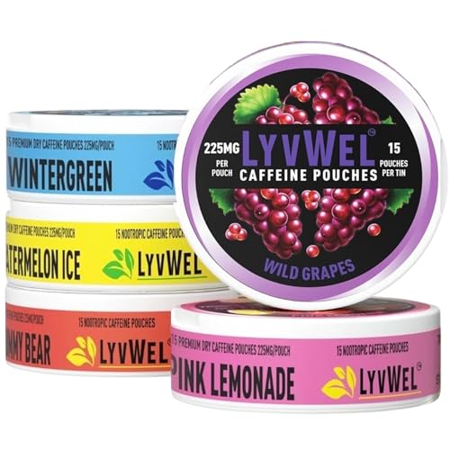 LyvWel 225mg Caffeine Energy Pouches | Nootropic Focus & Neuro Support | Tobacco-Free, Nicotine-Free, Quick Energy Solution | 5-Pack: 60 Pouches (5 Pack, Multi-Pack)