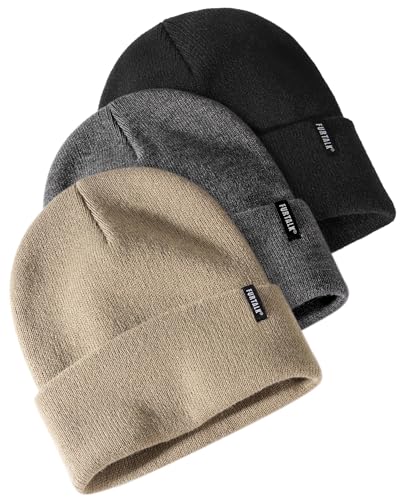 FURTALK 3 Pack Beanie for Men Women Unisex Cuffed Thick Knitted Unisex Winter Hat Skull Cap(Black+gray+light Khaki)