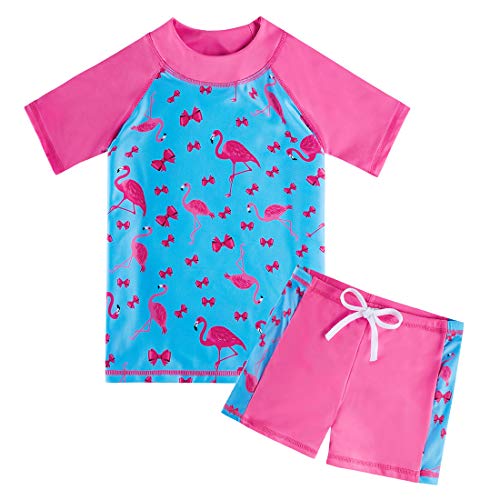 Image of AIDEAONE Girls Rash Guard Swimsuit Short Sleeve Two Piece Bathing Suit Size 3-12T