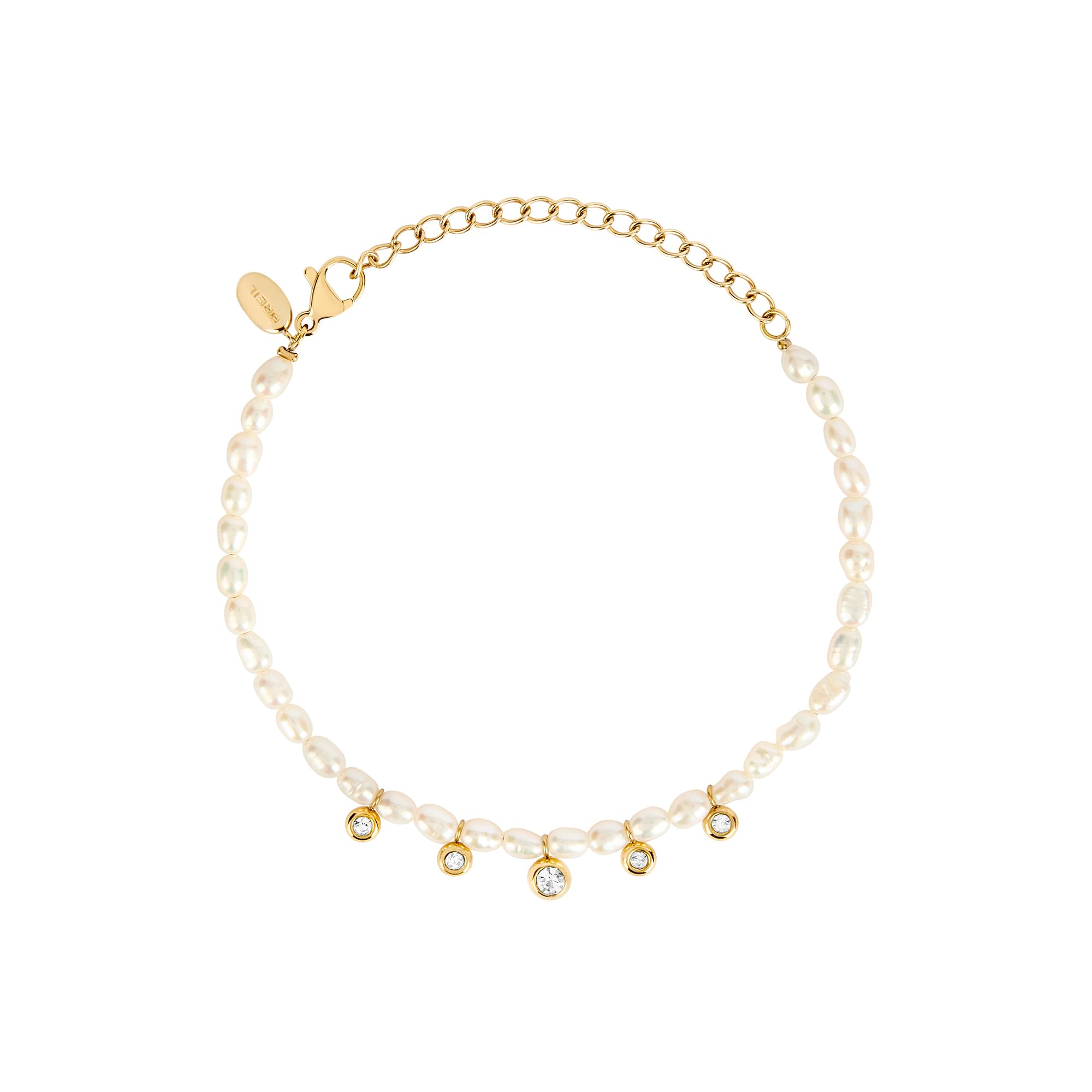 Breil, Collezione Moonlight, Bracciale Donna in Acciaio IP Gold, con Perle Naturali e 5 Cristalli Pendenti, Chiusura Regolabile, Lunghezza fino a 21 cm, Idea Regalo Donna