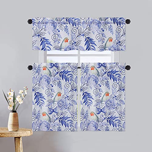 Caromio Bathroom Curtains Window With Bird And Leaves Printed, Floral Small Short Tier Curtains For Kitchen 36 Inch Long, Linen Blend Fabric Machine Washable, Navy Blue, 26" W X 36" L, Set Of 2 #TOP1