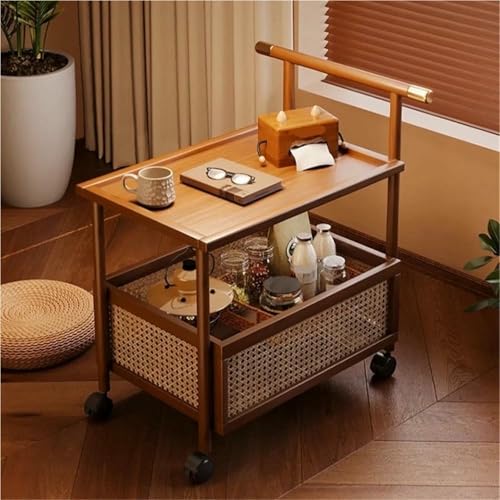Moderno estante de almacenamiento de bambú con ruedas, mesa auxiliar móvil abierta, solución de almacenamiento de ratán para sala de estar y todas las ocasiones