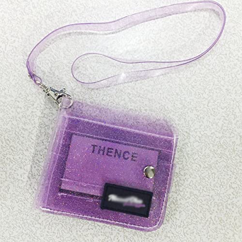 Pack of 2 Clear Bifold Wallet Small Purse, Cute PVC Jelly Wallet ID Card Case Holder with Neck Lanyard for Women Girls, Purple3