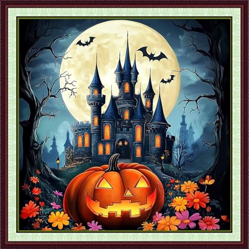 Image of Foxhool Stamped Cross Stitch Kits,11CT Printed Cross Stitch Pattern Full Embroidery Kits for Beginner Needlepoint Kits-Moonlight Magic House 18x18 inch