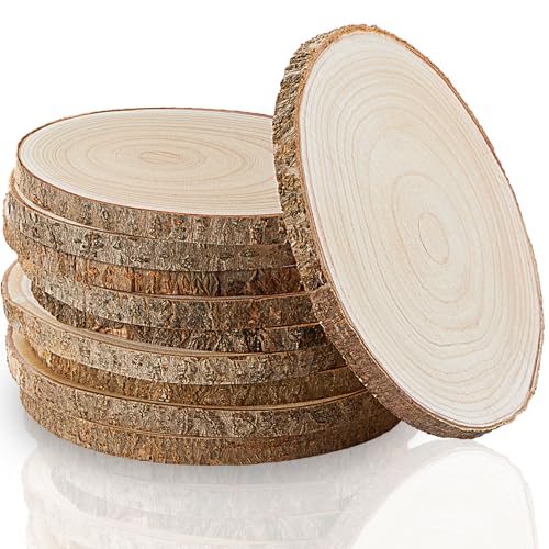 SANYOUNG Set of (10) 9-10 Inches Wood Slices, Natural Wood Slices for Centerpieces, Unfinished Round Wood Slices for Tables, Wood Circles for Rustic Wedding, DIY Crafts, Round Tree Slices