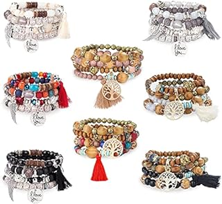 LOLIAS 8 Sets Bohemian Stackable Bead Bracelets Stretch Tree of Life Bracelet Coil Bracelet for Women Multilayered Bracelet Bangles Set Fashion Beads Jewelery