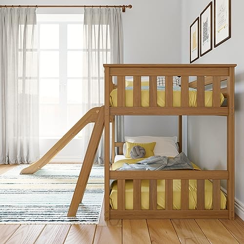 Image of Max & Lily Twin Over Twin Low Bunk with Slide and Ladder, Wooden Bunk beds with 14 inch Safety Guardrail for Kids, Toddlers, Boys, Girls, Teens, Bedroom Furniture, Pecan