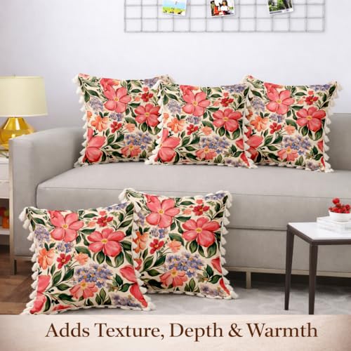 Image of STITCHNEST 'Little Meadow Series' Tassled Cushion Cover | Set of 5 | Floral Cushion Cover 16 inch x 16 inch