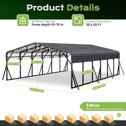 Image of Jocoevol 20x30FT Metal Carport, Heavy Duty Car Garage for Car, Boats Truck | Reinforced Support Rods and Windproof Ground Anchors, All-Weather Multi-Use Outdoor Shelter Outdoor Storage Canopy