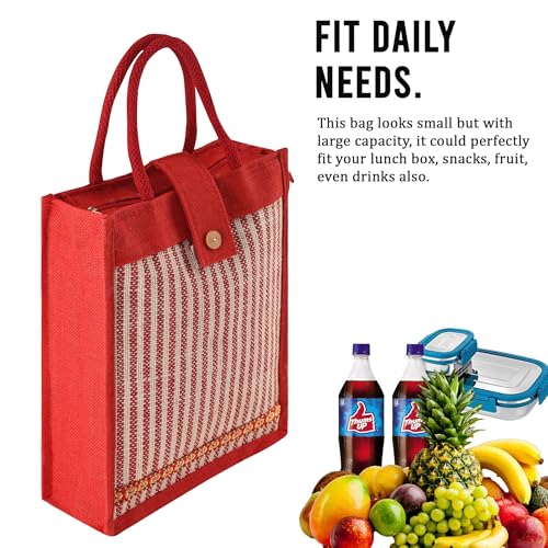 Image of Kuber Industries 3 Pcs Jute Medium Shopping Bag for Women with Handle | Multipurpose and Reusable Carry /Shopping Bag for Grocery | Lining Design - Red