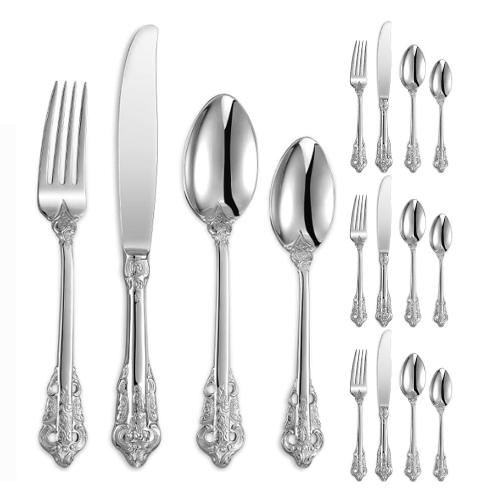 Vintage Embossed Gold Flower Kitchen Stainless Steel Silverware Tableware Flatware Cutlery Set Steak Knife Fork Spoon Teaspoon Dessert Fork (Silver,16 Pieces)