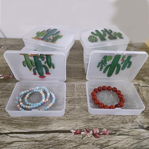 Image of Goodma 8 Pieces Cactus Image Pattern Frosted Rectangular Plastic Boxes Empty Storage Organizer Containers with Hinged Lids for Small Items and Other Craft Projects (4.5 x 3.3 x 1.1 inch)