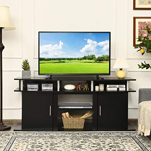 Tangkula Modern TV Stand for TVs up to 70 Inches, Living Room Console Table w/2 Cabinets & Open Shelves, Media Entertainment Center for 18 Inches Electric Fireplace (Not Included) (Black) - Image 3