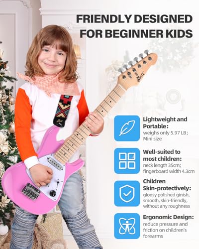 Image of Winzz 30 Inch Kids Electric Guitar Beginner Kit, Junior 1 /4 Size Mini Electric Guitar for Children Complete Stater Set with Amp, Gloosy Pink Colour